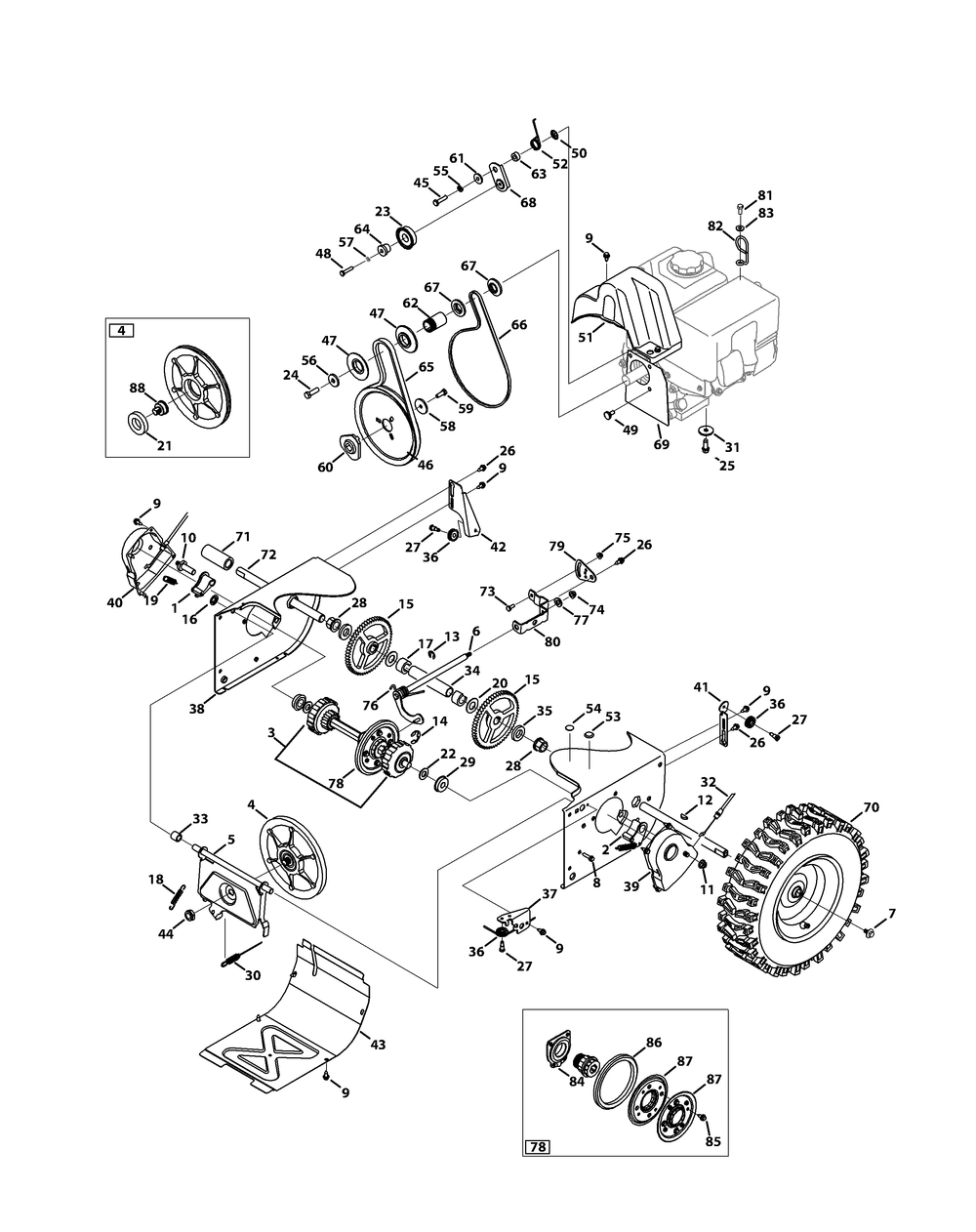 Drive System Diagram and Parts List for 3X26-INCH31AH55TA (31AH55TA710-31AH55TA756)(2013) Cub Cadet Snow Blower